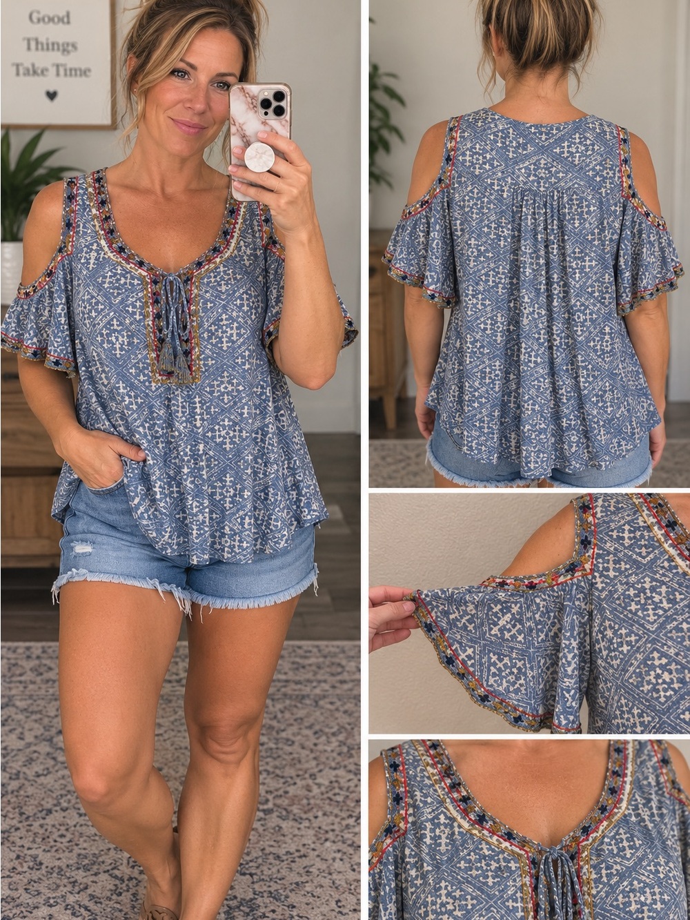 Lola P Blue White Geometric Cold Shoulder Boho Blouse Size M Rayon Tassel Tie